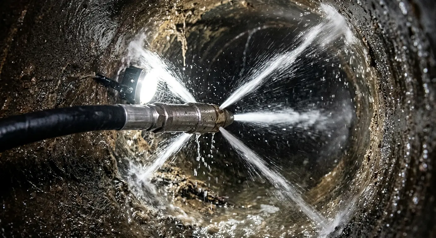 High-pressure hydro jetting nozzle cleaning sewer pipe for Trenchless Sewer Repair in Yosemite Lakes