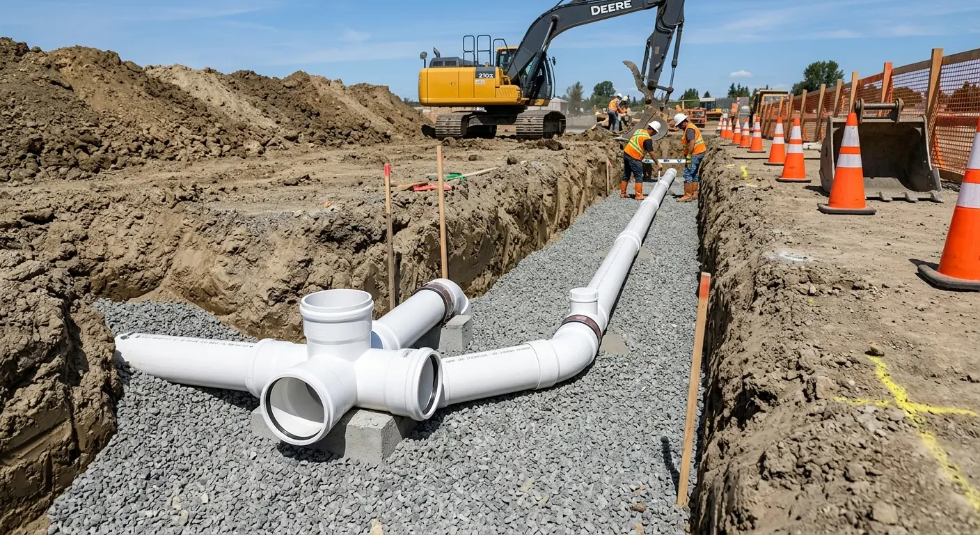 New PVC sewer pipe installation in open trench for Sewer Backup in Yosemite Lakes