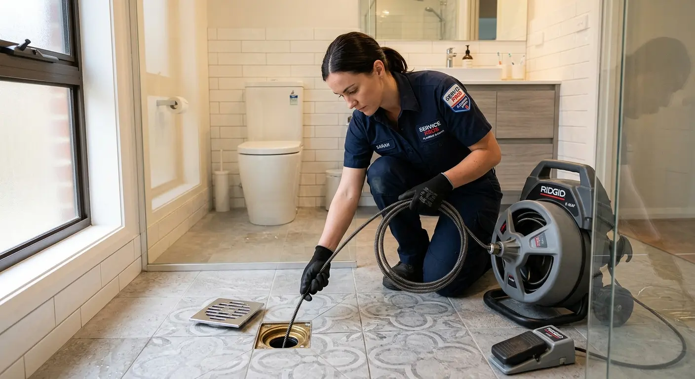 Technician clearing a bathroom floor drain for Sewer Line Replacement in Yosemite Lakes